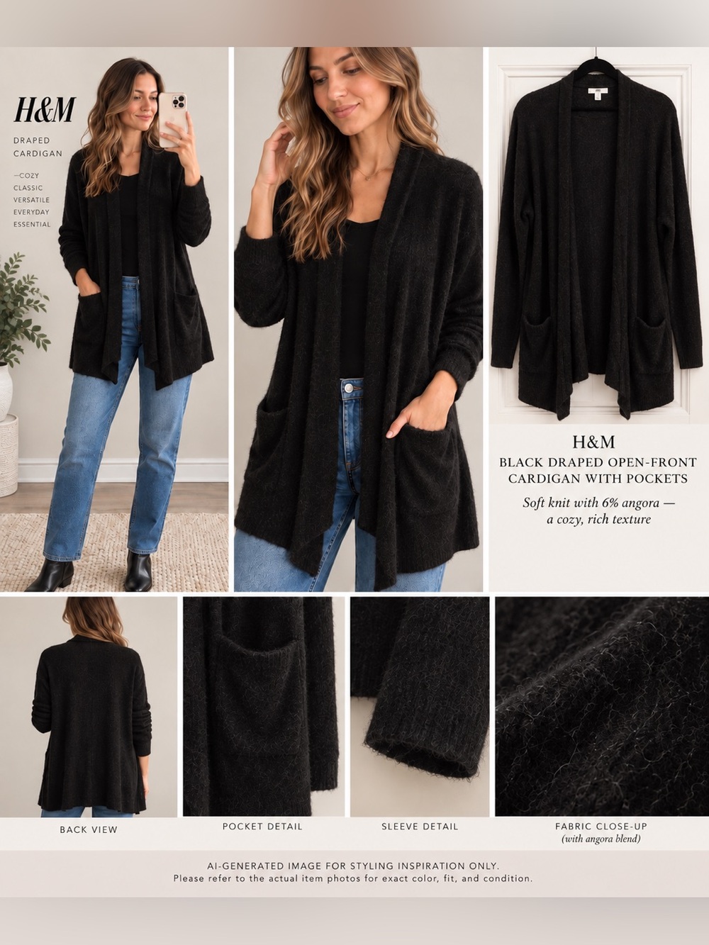 H&M Black Draped Open-Front Women’s Cardigan with pockets